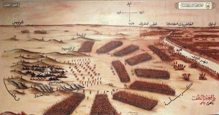 Imam al-Husayn's family and companions surrounded by an Umayyad army numbering over 40,000 troops.